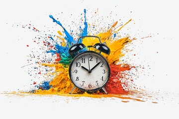 Colorful explosion of paint behind an alarm clock on a white background during a creative art project