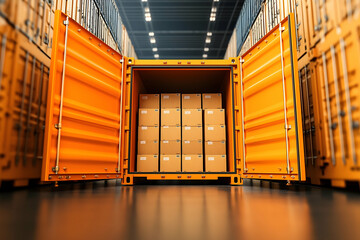 A vibrant orange shipping container is open, revealing neatly stacked boxes inside, situated in a warehouse environment.