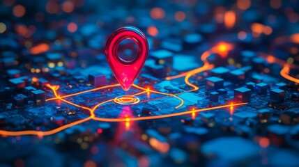 A digital map with a red location pin highlighting an urban area with illuminated streets.