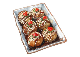 Takoyaki Balls Japanese Street Food Watercolor Illustration