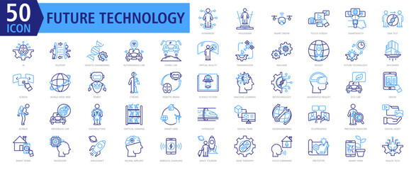 Future Technology Icon Set Outline Color with Humanoid, Hologram, Smart Drone, Touch Screen, Smartwatch, DNA Test, AI, Teleport, Genetic Engineering and Autonomous Car