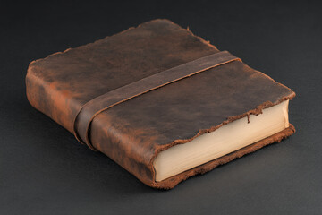 very old notebook with worn leather cover and frayed edges, showcasing its vintage charm. rustic appearance adds character, making it unique item for collectors