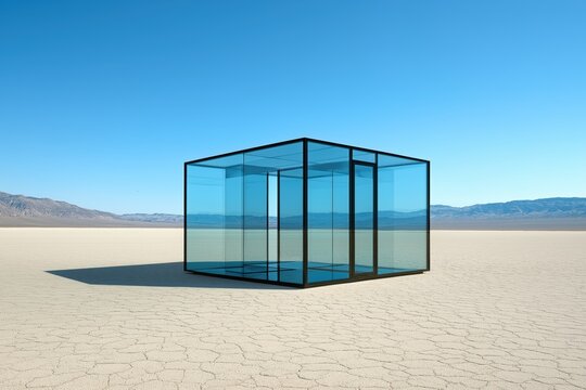 Transparent glass cube structure standing in a vast cracked desert landscape under blue sky
