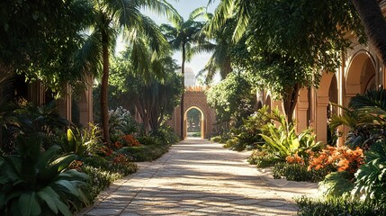 Fototapeta premium Serene Oasis: A Sunlit Stroll Through a Lush Palace Garden