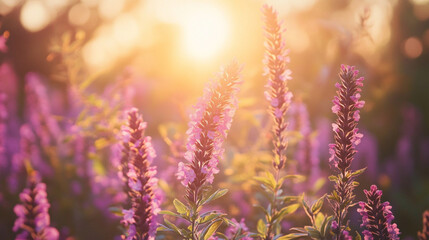 Obraz premium Vibrant lavender blooms basking in golden sunlight during a serene evening in nature
