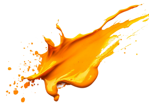 An orange paint splash, isolated on a transparent background, emphasizing the splash's details, perfect for artistic, creative, or design-themed visuals.