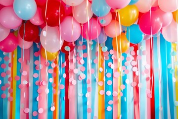 A vibrant backdrop featuring colorful balloons, streamers, and confetti for a festive event A colorful and festive backdrop filled with balloons and streamers
