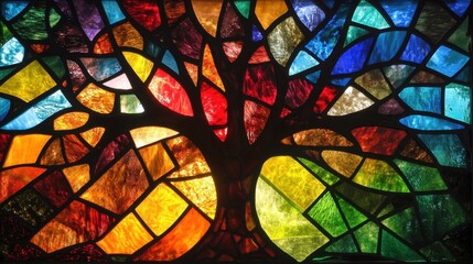 A vibrant stained glass window showcasing an intricate tree with detailed branches and leaves, surrounded by colorful geometric shapes.
