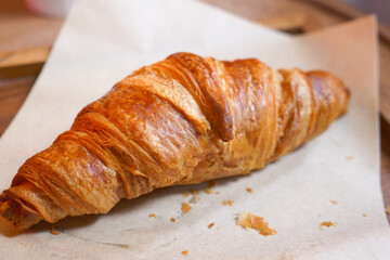 fresh baked croissant on plate with copy space 