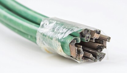 Damaged Green Cable Closeup Damaged Wires Electrical Cable