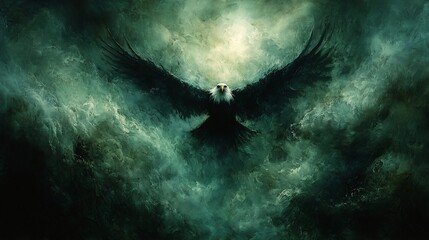 Dramatic Soaring Eagle Portrait Through Ethereal Cloudy Sky Symbolizing Freedom and Dominance
