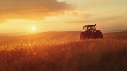 Fototapeta premium Tractor working in golden fields at sunset near a distant horizon. Generative AI