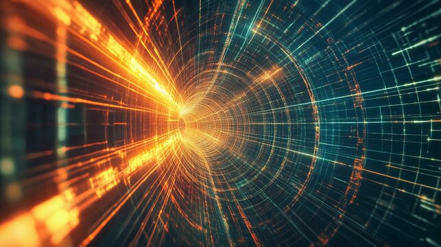 Futuristic light tunnel with glowing patterns and vibrant grid effects. Generative AI