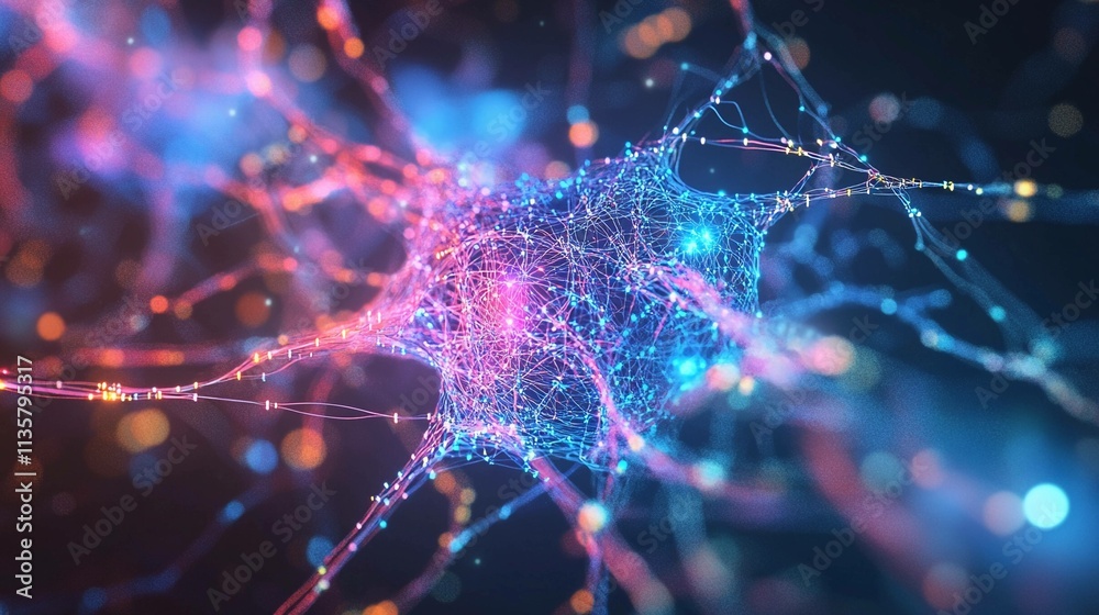 Poster neural networks interconnected in a vibrant digital visualization. generative ai