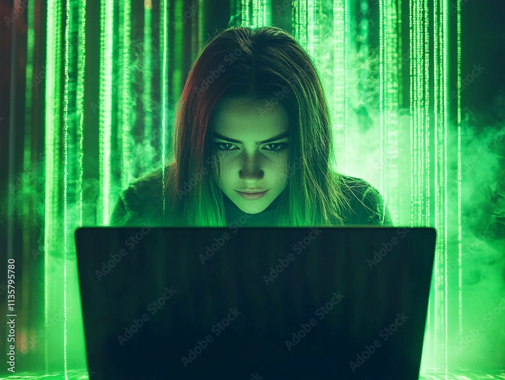 Aufkleber focused individual programming with green code lines in dark environment. generative ai
