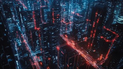 Obraz premium Smart digital Innovation city with connection network reciprocity over the cityscape. of future smart wireless digital city and social media networking systems that connects people with in city