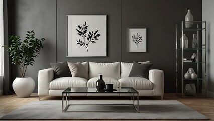 Interior design of living room interior with mock up poster frame, white sofa, modern pouf, glass coffee table, vase with branch, stylish rack and silver personal accessories. Home decor. Template