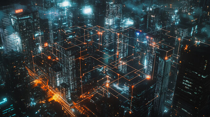 Obraz premium Smart digital Innovation city with connection network reciprocity over the cityscape. of future smart wireless digital city and social media networking systems that connects people with in city