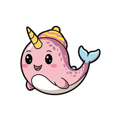 A cute and chubby pink narwhal with a yellow horn, smiling and looking happy