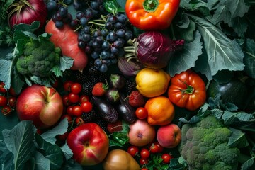 A vibrant collection of fresh fruits and vegetables, including red apples, grapes, and tomatoes, displayed on a green leafy backdrop A colorful assortment of fruits and vegetables