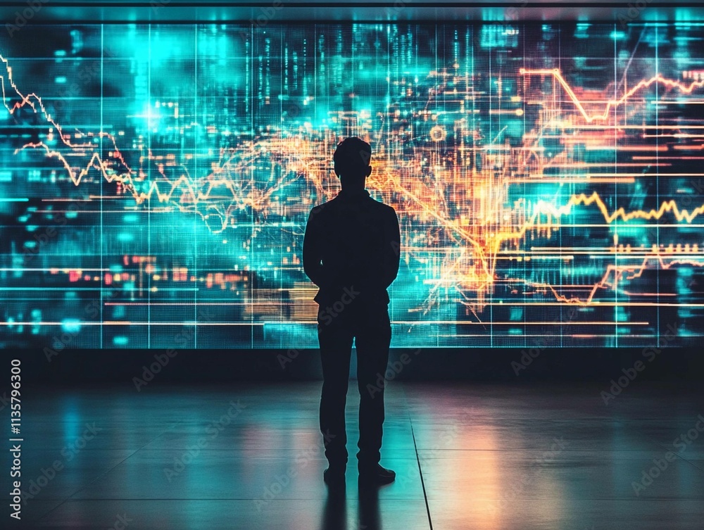 Poster person standing in front of digital analytics display in modern space. generative ai