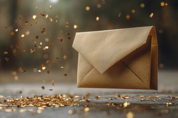 Kraft envelope floats amidst golden stars. Image ideal for magic, mystery, or celebration themes.