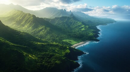 Obraz premium A breathtaking aerial view of lush green mountains meeting a serene coastline under a blue sky, showcasing nature's beauty and tranquility.