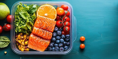 A balanced meal prep container with healthy food portions and nutritional labels.