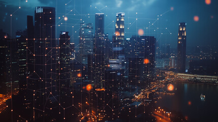 Fototapeta premium Smart digital Innovation city with connection network reciprocity over the cityscape. of future smart wireless digital city and social media networking systems that connects people with in city