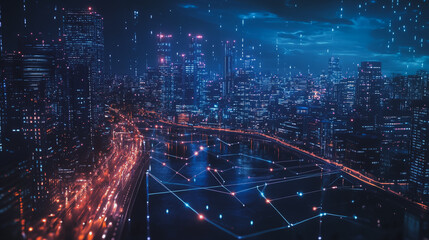 Fototapeta premium Smart digital Innovation city with connection network reciprocity over the cityscape. of future smart wireless digital city and social media networking systems that connects people with in city