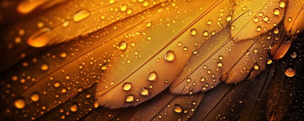 Fototapeta premium A close-up of vibrant, orange feathers adorned with glistening droplets, showcasing intricate textures and colors.