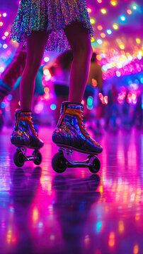 A roller-skating rink with colorful disco lights reflecting off the shiny floor and skaters in bright outfits enjoying the music 