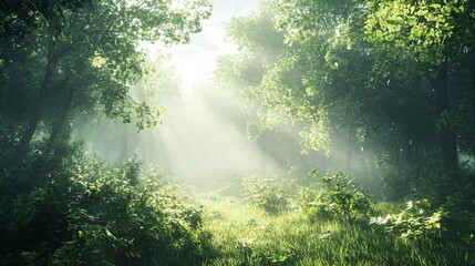 Mystical Morning in Enchanted Forest Clearing with Dewy Grass and Wildflowers