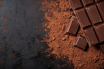 Delicious Dark Chocolate Bar Pieces Cocoa Powder on Dark Background