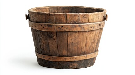 Fototapeta premium A weathered wooden bucket with natural grain textures, featured in an outdoor setting but focused on a white background.