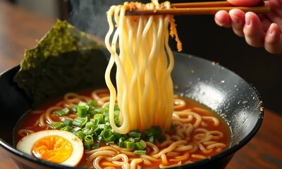 Bowl of steaming ramen noodles in rich - Powered by Adobe
