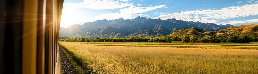 Fototapeta premium Scenic view from a train window, showcasing golden fields and majestic mountains under a bright sky, capturing nature's beauty.