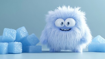 Cute fluffy blue creature with ice cubes in bright setting