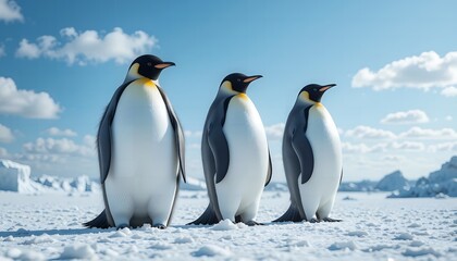 Fototapeta premium emperor penguins stand in a row in a snow-covered landscape under a bright blue sky with fluffy white clouds.