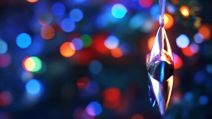 Sparkling star hanging against dark blue background with colorful neon bokeh lights. Festive retro holiday decoration. Christmas, New Year, celebration concept for greeting card, invitation