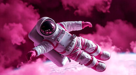 A spaceman floating in the cosmos surrounded by vibrant and gradient colors, a lone astronaut exploring the universe with glowing hues and a surreal cosmic atmosphere.