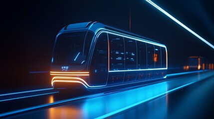 A futuristic tram illuminated with neon light on a sleek, dark track.