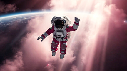 A spaceman floating in the cosmos surrounded by vibrant and gradient colors, a lone astronaut exploring the universe with glowing hues and a surreal cosmic atmosphere.