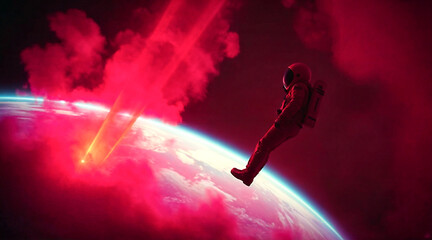 A spaceman floating in the cosmos surrounded by vibrant and gradient colors, a lone astronaut exploring the universe with glowing hues and a surreal cosmic atmosphere.