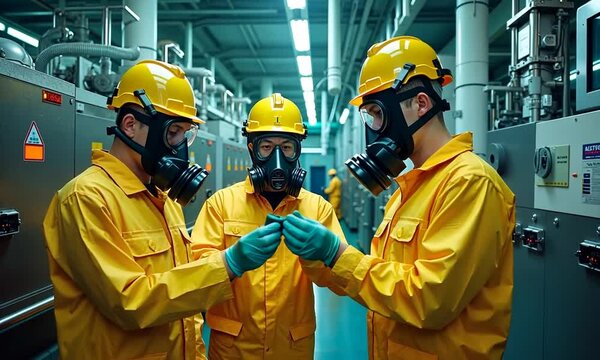 A nuclear power plant worker of Caucasian descent, wearing a yellow protective suit and gas mask