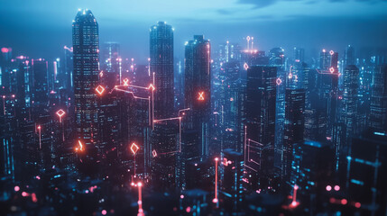 Fototapeta premium Smart digital Innovation city with connection network reciprocity over the cityscape. of future smart wireless digital city and social media networking systems that connects people with in city