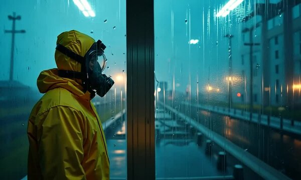 A nuclear power plant worker of Caucasian descent, wearing a yellow protective suit and gas mask