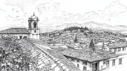 Obraz premium Intricate ink illustration of Quito, Ecuador showcasing its colonial architecture, vibrant cityscape, landmarks like the Basilica del Voto Nacional, and Panecillo hill, reflecting rich cultural histor