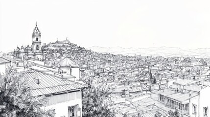 Obraz premium Intricate ink illustration of Quito, Ecuador showcasing its colonial architecture, vibrant cityscape, landmarks like the Basilica del Voto Nacional, and Panecillo hill, reflecting rich cultural histor