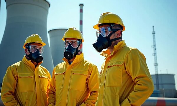 A nuclear power plant worker of Caucasian descent, wearing a yellow protective suit and gas mask